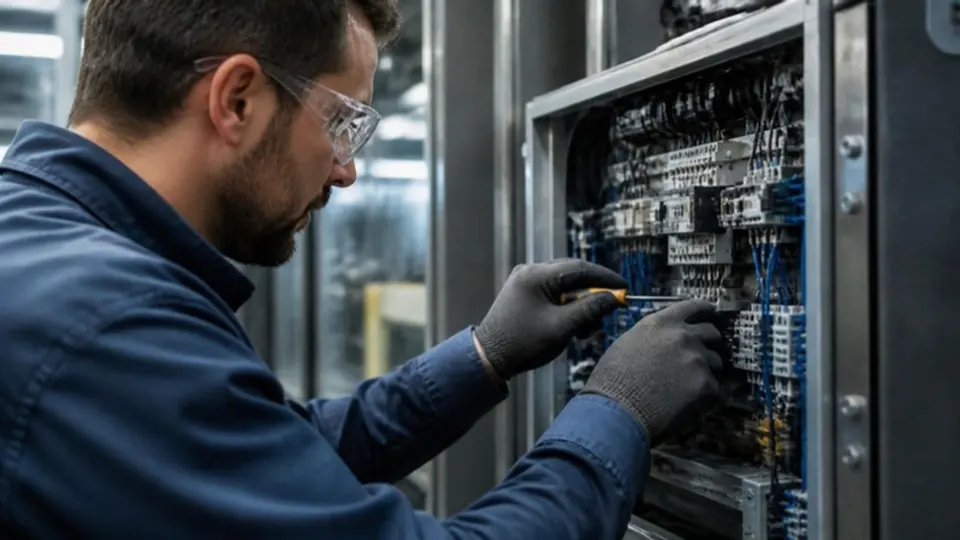 Técnico con guantes trabajando en el tablero eléctrico de una máquina