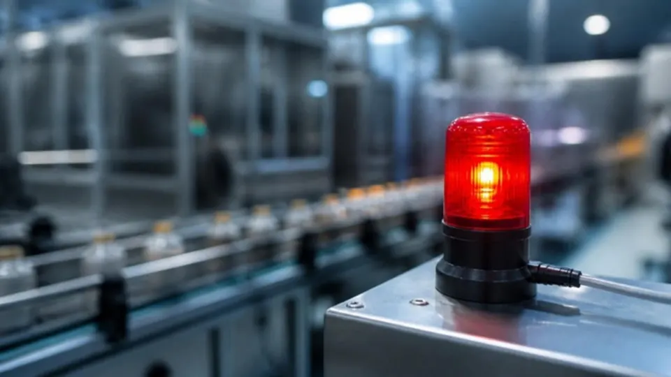Baliza roja encendida sobre una línea de producción